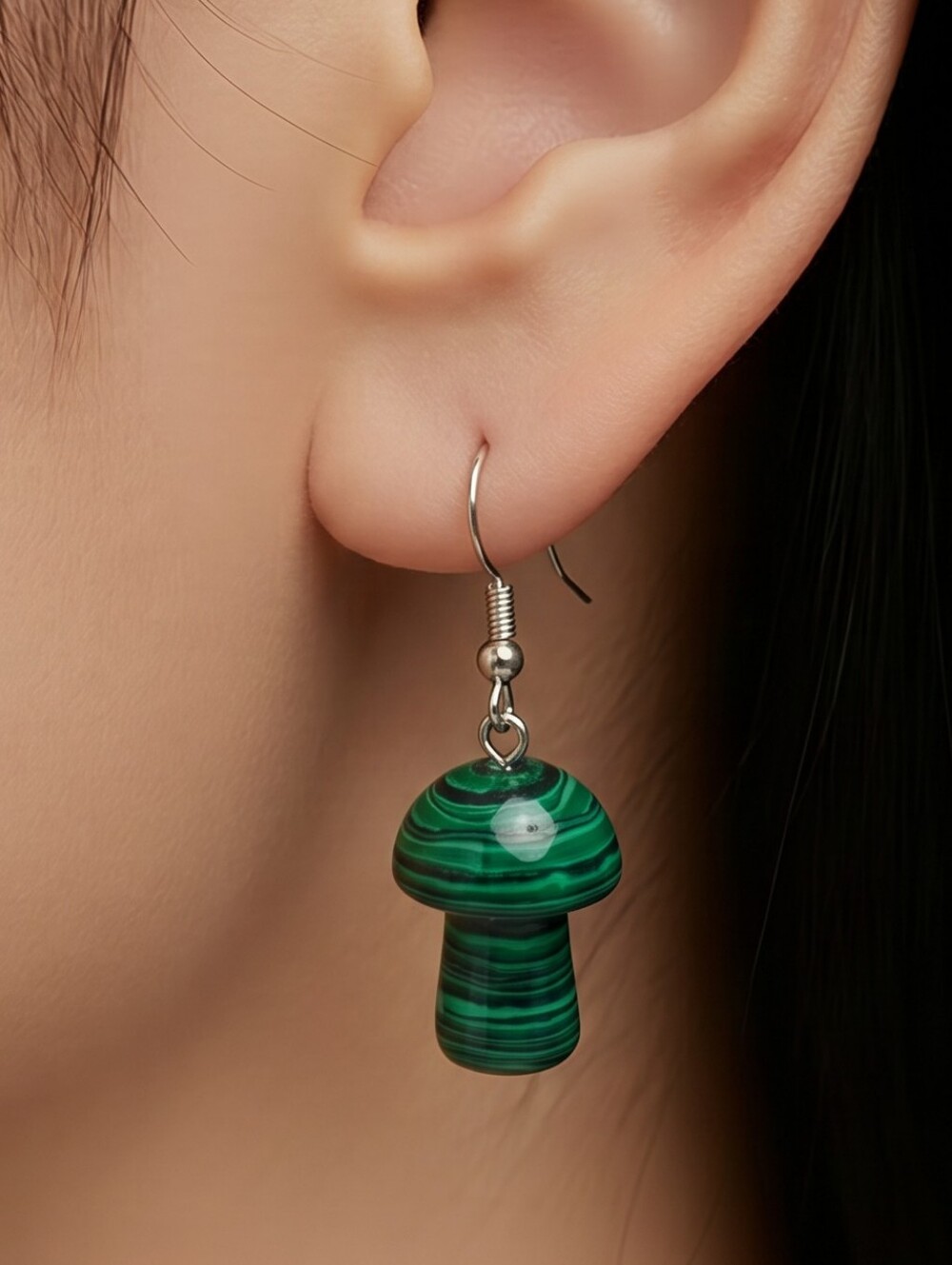 Malachite Green Mushroom Earrings Natural Stone Toadstool Cottagecore Dangle